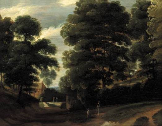 Travellers on a Road in a Wood, a Farm beyond