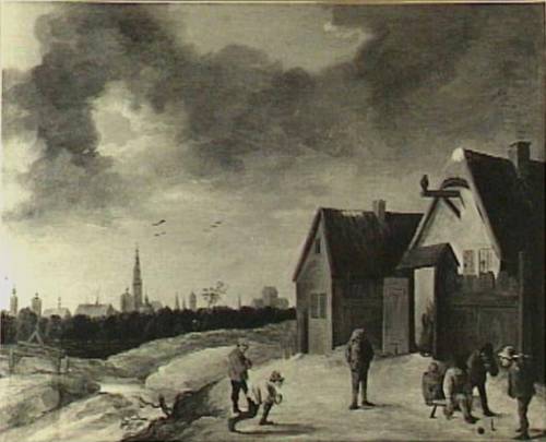 Peasants Playing Bowls in Front of an Inn, Antwerp in the Background