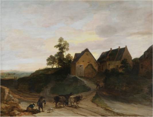 A Landscape, with Farm Buildings, Peasants and Cattle on a Road 