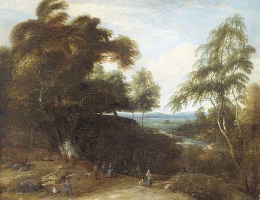 A Wooded Landscape with Figures and Dogs in a Clearing