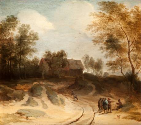 Landscape with conversing Men and Cottage