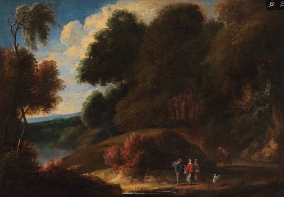 A Wooded Landscape with Travellers on a Path near a Pond 