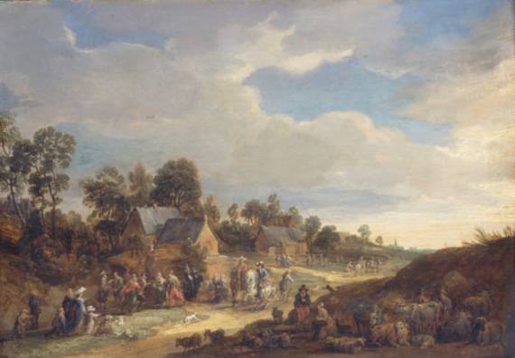 Village Street with dancing Peasants, Travelers and Wanderers