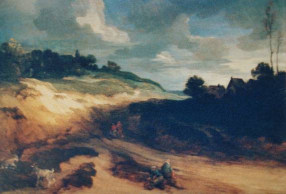 Travellers Conversing on a Sandy Road, a House in a Wood beyond at Sunset