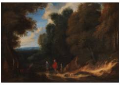 A wooded Landscape with Travellers and a Dog on a Path