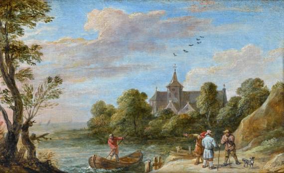 A River Landscape with Travellers by a Jetty and a Man in a Rowing Boat, a Church beyond